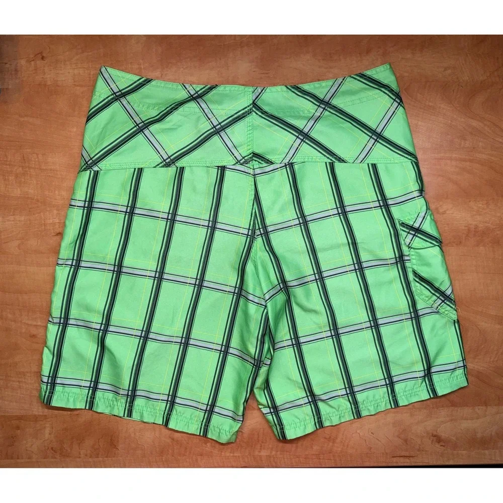 Hurley Mens Board Shorts Lime Green Plaid Swim Trunks Cargo Pocket Size 36